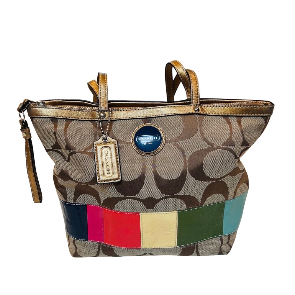 Coach Signature Jacquard Tote Bag Brown Gold Multi Color Stripe Zip Top